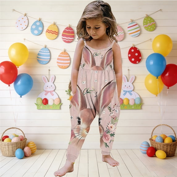 hengsof Easter Printed Romper for Girls Casual Loose Sleeveless Suspender Romper Fashionable Backless Pocket Overalls for Children 1-6 Years