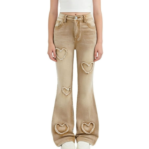 hengsof Embroidered Heart Flare Leg Jeans for Girls, Washed Slim Fit Stretch Denim, Bootcut Trousers with Comfort Waist, Size 6-13 Years