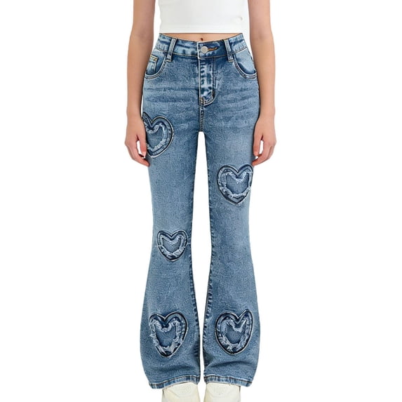 hengsof Embroidered Heart Flare Leg Jeans for Girls, Washed Slim Fit Stretch Denim, Bootcut Trousers with Comfort Waist, Size 6-13 Years
