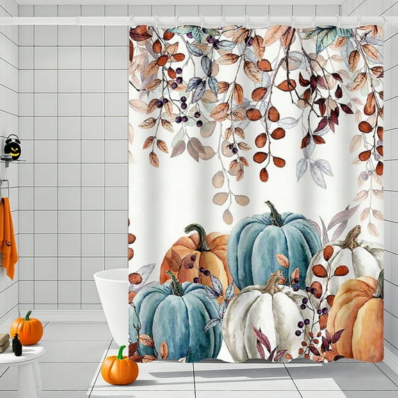 hengsof Fall Pumpkins Maple Leaf Shower Curtain, Autumn Leaves Harvest Thanksgiving Farmhouse Watercolor Seasonal Bathroom Curtain Punch-free