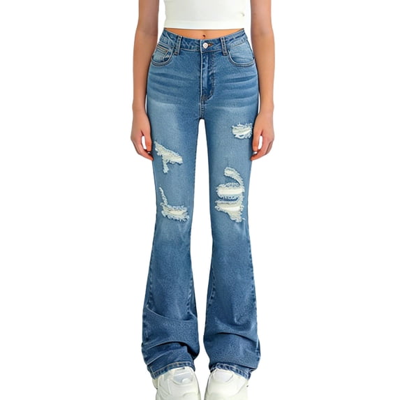 hengsof Fashion Flare Leg Jeans for Girls, Washed Slim Fit Stretch Denim, Bootcut Trousers with Comfort Waist