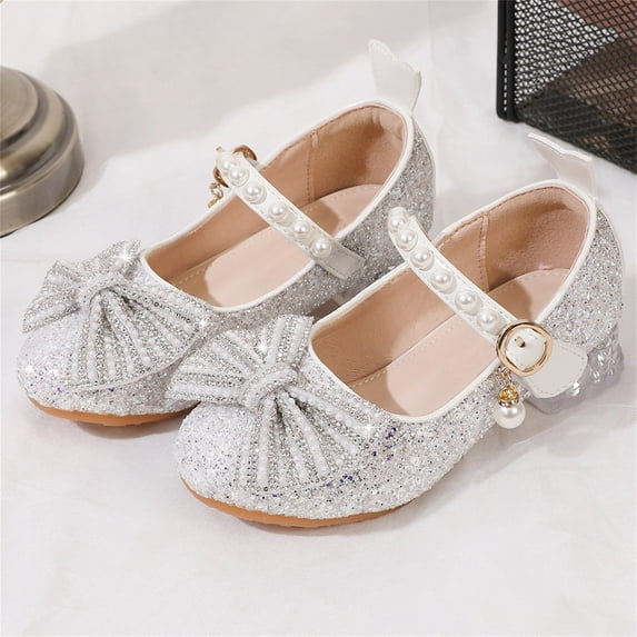 hengsof Fashionable Dress Shoes for Girls Sweet Pearl Bow Rhinestone High Heel Princess Shoes Crystal Shoes for Children's Performances