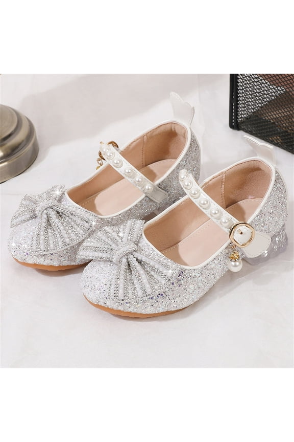 Fashionable Dress Shoes for Girls Sweet Pearl Bow Rhinestone High Heel Princess Shoes Crystal Shoes for Children's Performances