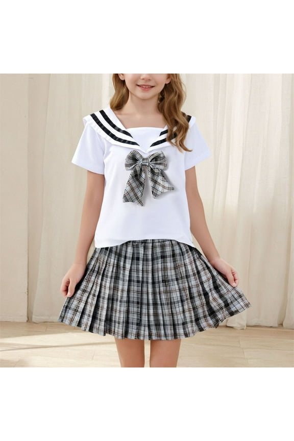 Fashionable Girls' Dress Sailor School Uniform Navy Suit Sweet Bow Lapel Pleated Skirt Girl Set Sizes 2-11