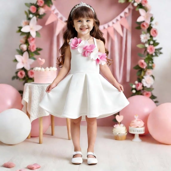 hengsof Fashionable One Shoulder Party Dress for Girls Summer Solid Color Sleeveless Floral Sweet Princess Dress Ages 1-8