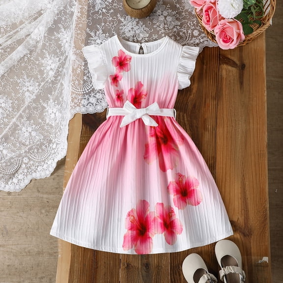 hengsof Fashionable Printed Princess Dress for Girls, Casual Summer Cute Ruffled Sleeveless Round Neck Dress