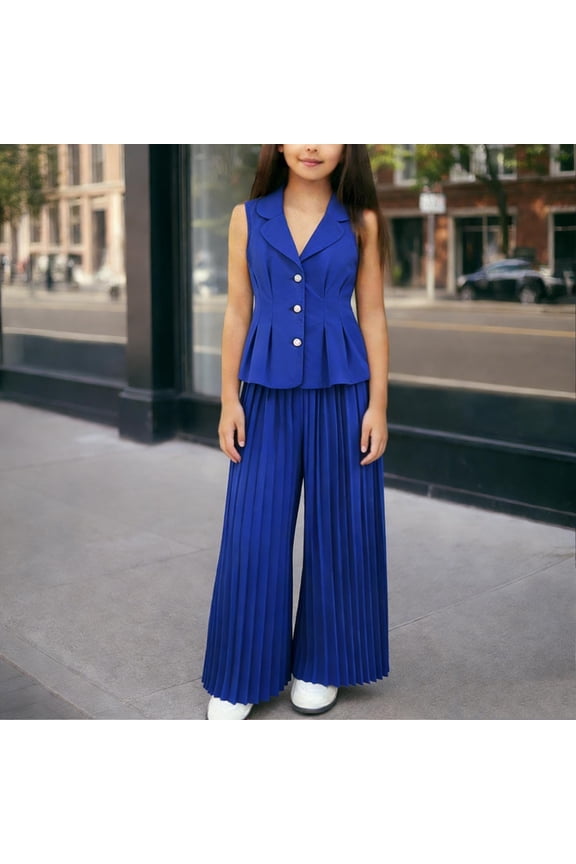 Fashionable Two Piece Set for Girls, Lapel Sleeveless Ruffled Waisted Top Wide Leg Pleated Trousers, Casual Comfortable Suit, Suitable for Children Aged 8-12