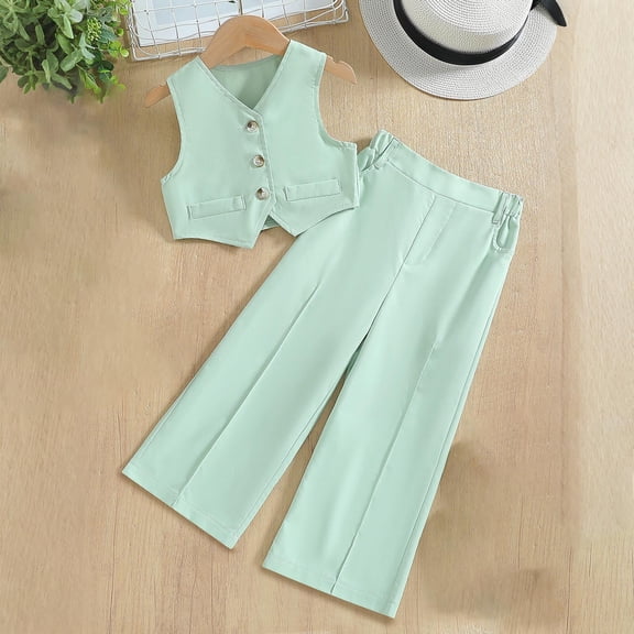 hengsof Girl's 2 Piece Outfit Sleeveless V Neck Blazer Vest and Wide Leg Pants Set Elastic Waistband Pocket Buttons Set