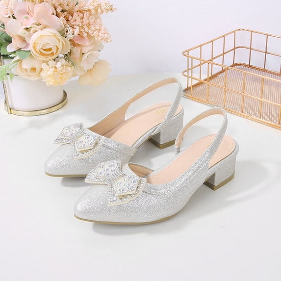 hengsof Girl's Bow Embellished Block Heel Sandals Fashion Crystal Dress Shoes Suitable for Children Aged 3-10 Perfect for Parties and Weddings