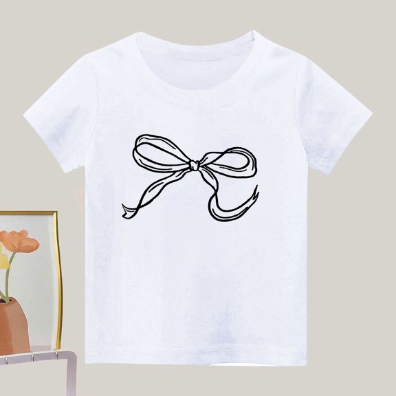 hengsof Girl's Bow Graphic Tees Short Sleeve Crewneck Cute Shirts for Girls Trendy