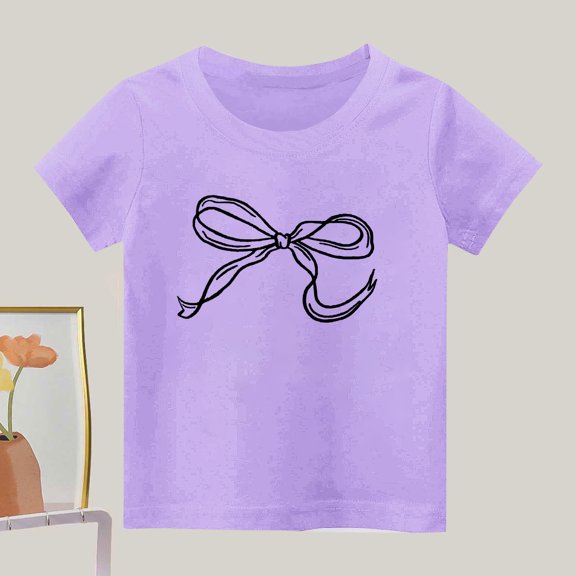 hengsof Girl's Bow Graphic Tees Short Sleeve Crewneck Cute Shirts for Girls Trendy