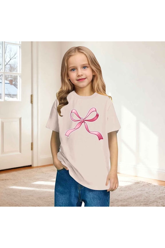 Girl's Bow Graphic Tees Short Sleeve Crewneck Cute Shirts for Teen Girls Trendy