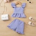 thumbnail image 1 of hengsof Girl's Bow Top and Ruffled Shorts Two Piece Set, Fashionable Casual Summer Square Neck Ribbed Sweet Suit, Comfortable and Cute Children's Set, 1 of 8