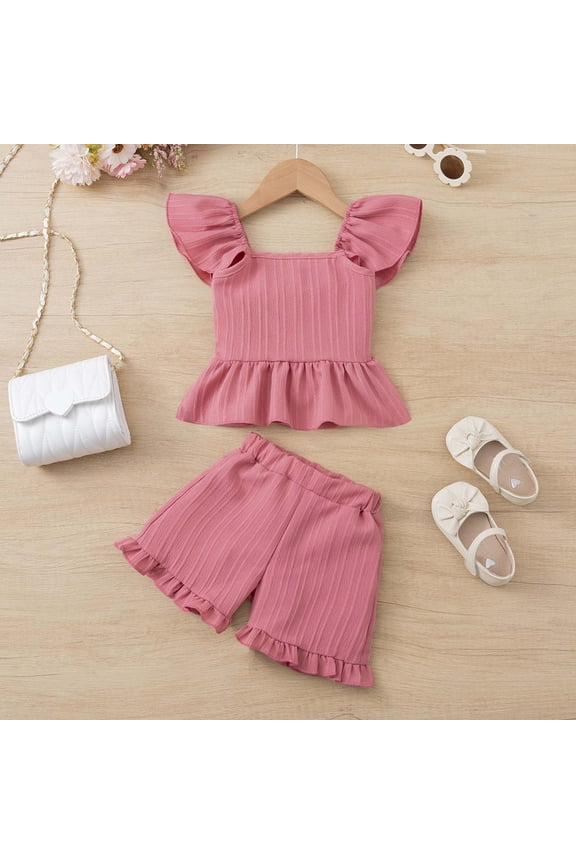 Girl's Bow Top and Ruffled Shorts Two Piece Set, Fashionable Casual Summer Square Neck Ribbed Sweet Suit, Comfortable and Cute Children's Set