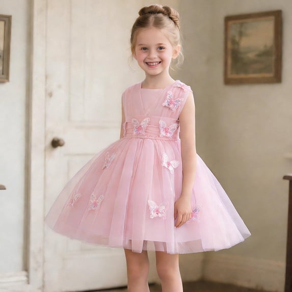 hengsof Girl's Butterfly Embroidered Pouf Princess Dress Suitable for Children Aged 0-8 Fashion Sleeveless Performance Dress Suitable for Piano Recitals