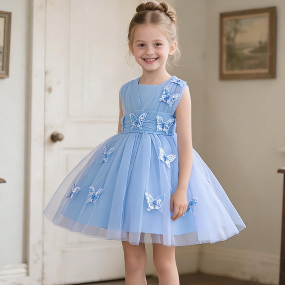 hengsof Girl's Butterfly Embroidered Pouf Princess Dress Suitable for Children Aged 0-8 Fashion Sleeveless Performance Dress Suitable for Piano Recitals