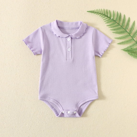 hengsof Girl's Collared Onesie Shirt Summer Thin Solid Color Baby Baby Short Sleeve Button Onesie Snap Button Romper 3-24 Months