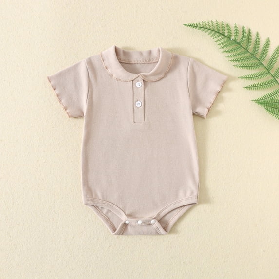 hengsof Girl's Collared Onesie Shirt Summer Thin Solid Color Baby Baby Short Sleeve Button Onesie Snap Button Romper 3-24 Months