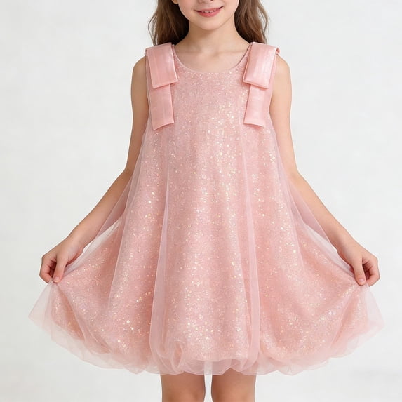 hengsof Girl's Fashion Sequin Mesh Camisole Dress Sparkly Sleeveless Vest Round Neck Princess Dress Suitable for Children Aged 2-10 Glittery Birthday Party Dress