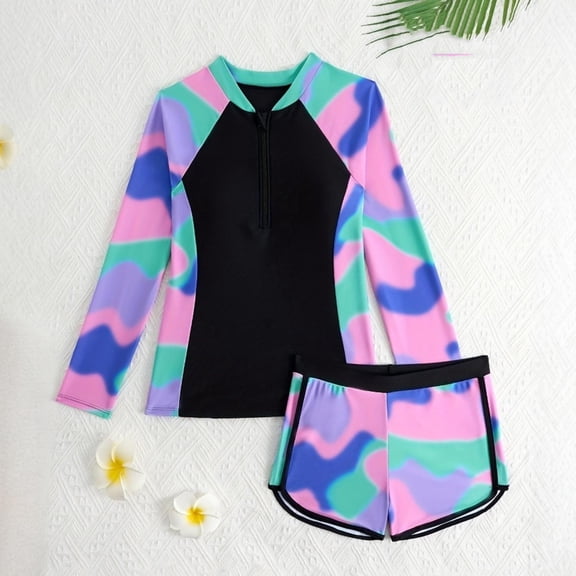 hengsof Girl's Floral Long Sleeve Rash Guard with Bikini Bottom 2 Piece Swimsuit Set