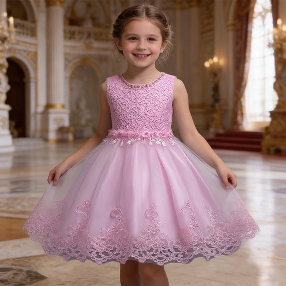 hengsof Girl's Sleeveless Round Neck Beaded Pouf Dress Summer Fashion Embroidered Princess Dress Suitable for Children Aged 3-12 Party Dress