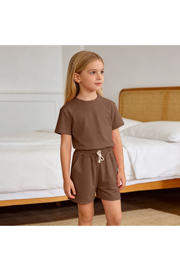 Girls 2 Piece Lounge Set Basic Solid Color Short Sleeve Round Neck Top Drawstring Pocket Shorts Casual Pajama Outfit for Kids 12 Months-11 Years