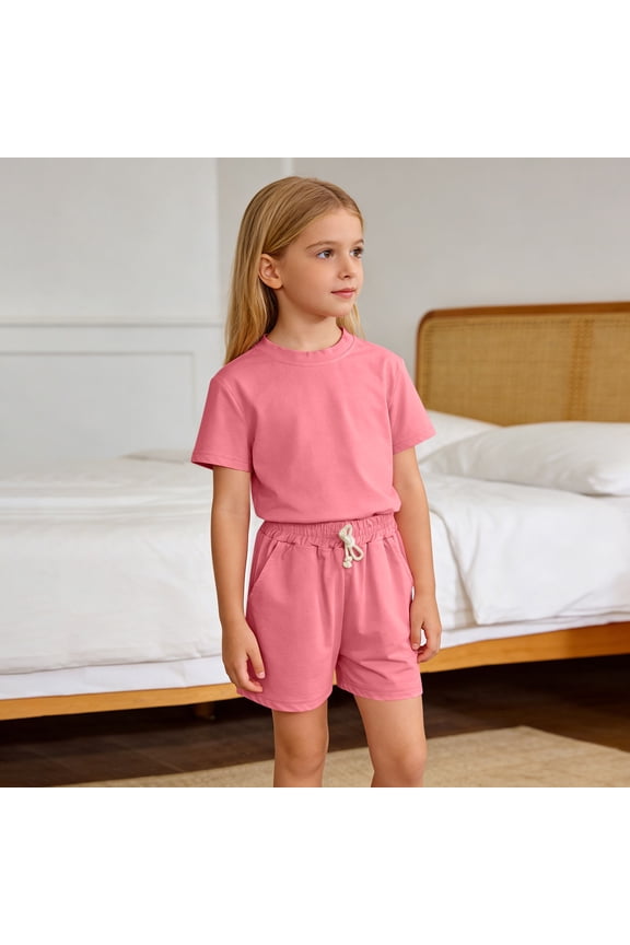 Girls 2 Piece Lounge Set Basic Solid Color Short Sleeve Round Neck Top Drawstring Pocket Shorts Casual Pajama Outfit for Kids 12 Months-11 Years