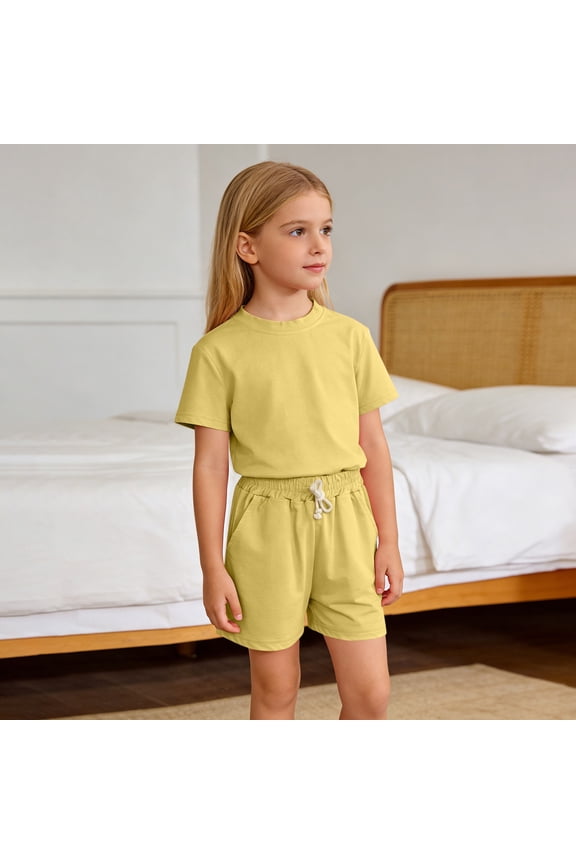 Girls 2 Piece Lounge Set Basic Solid Color Short Sleeve Round Neck Top Drawstring Pocket Shorts Casual Pajama Outfit for Kids 12 Months-11 Years