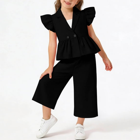 hengsof Girls 2 Piece Set Girls Button Lapel Ruffle Sleeve Top Casual Pants Suit Fashionable Sweet Skirt Top Pants Suit V Neck Vest Suit