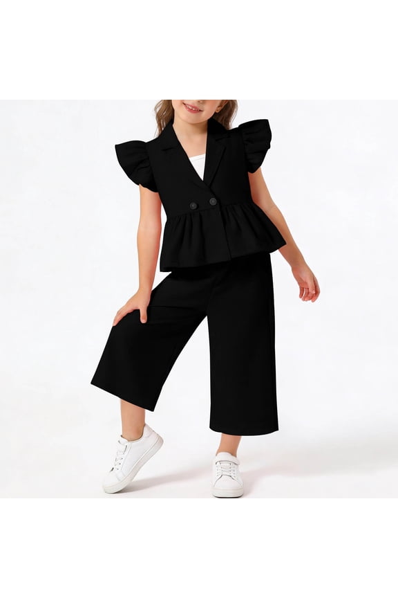 Girls 2 Piece Set Girls Button Lapel Ruffle Sleeve Top Casual Pants Suit Fashionable Sweet Skirt Top Pants Suit V Neck Vest Suit
