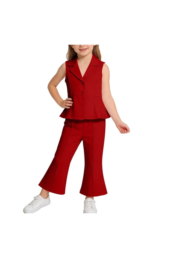 Girls 2 Piece Set Girls Button Lapel Sleeveless Top Flared Pants Suit Fashionable Sweet Skirt Top Pants Suit V Neck Vest Suit