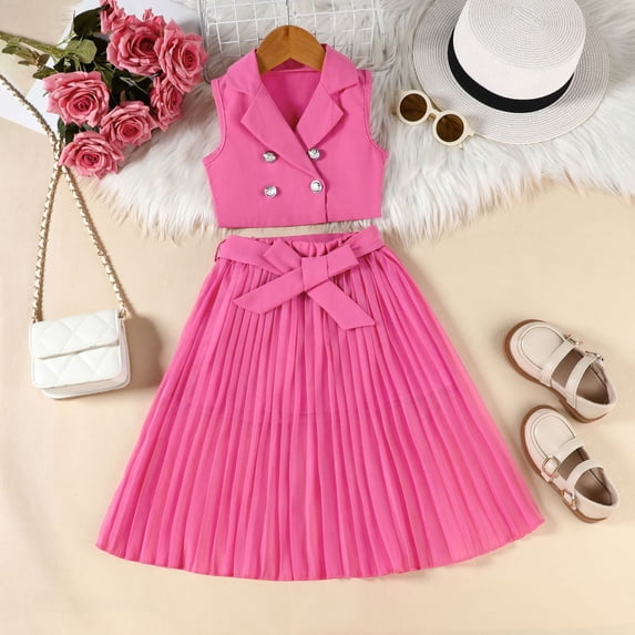 hengsof Girls 2 Piece Sleeveless Top Skirt Set for 2-8 Years Old Solid Color Blazer Collar Tank Pleated Skirt Outfit Toddler Girl Clothes