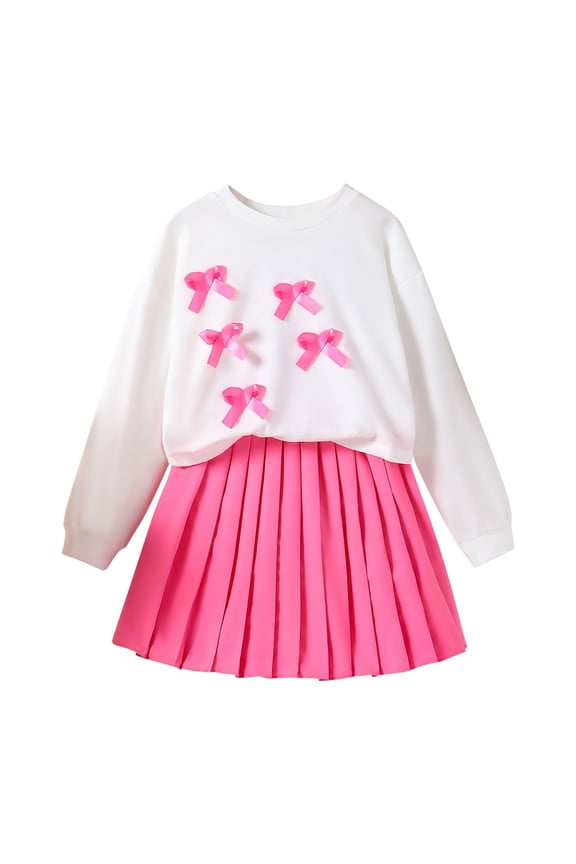 Girls 2 Piece Sweatshirt Skoutfit for 5-14 Years Old Bow Detail Long Sleeve Top Pleated Skirt Set Casual Outfit for Girls