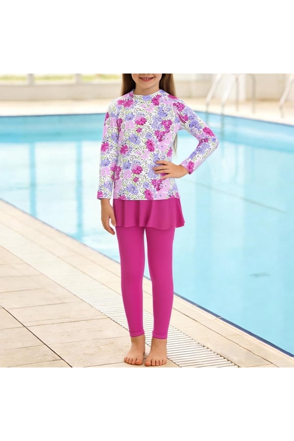 Girls 2 Piece Swimsuit Set, Kids Long Sleeve Fashion Printed Sun Protection Swimsuit Skirt Pants Princess Swimsuit for Beach and Pool