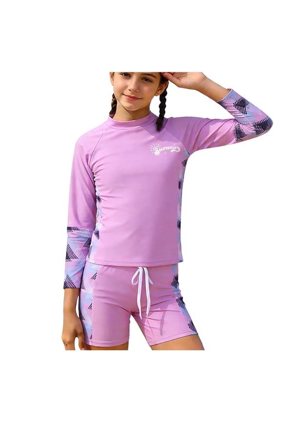 Girls 2 Piece Swimsuit Sporty Conservative Long Sleeve Swimsuit Shirt with Boxer Shorts Summer Surf Swimsuit Set 3-14Y