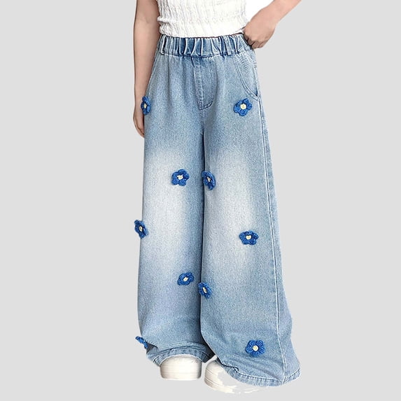 hengsof Girls 3D Floral Stretch Jeans, Textured Flower Elastic Waist Denim Pants, Unique Casual Jeans for Big Kids, Comfortable Fit Size 5-15 Years