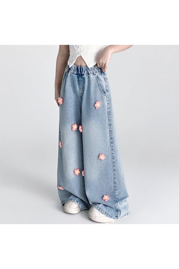 Girls 3D Floral Stretch Jeans, Textured Flower Elastic Waist Denim Pants, Unique Casual Jeans for Big Kids, Comfortable Fit Size 5-15 Years
