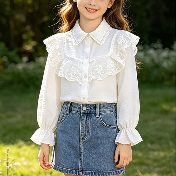 hengsof Girls' Back-To-School Lace Top, Children's Long Sleeve Collared Button Down Solid Color Shirt, Soft Cute Puff Sleeve T-Shirt