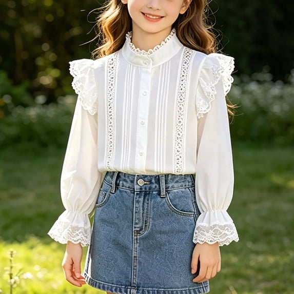 hengsof Girls' Back-To-School Lace Top, Children's Long Sleeve Collared Button Down Solid Color Shirt, Soft Cute Puff Sleeve T-Shirt