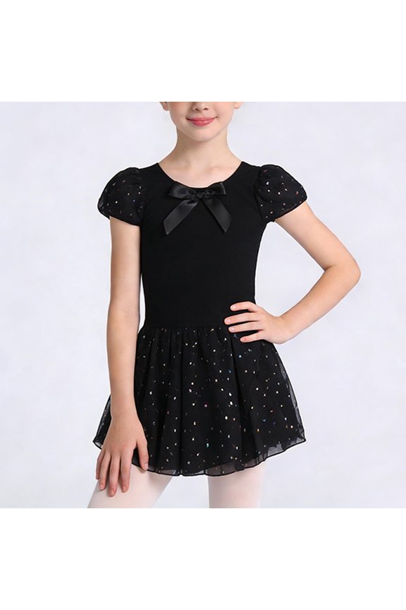 Girls Ballet Leotard, Fashionable Bow Short Sleeve Round Neck Sequined Mesh One Piece Dress Practice Clothes, Suitable for Children Aged 3-12 Years Old, Children's Dance Clothes