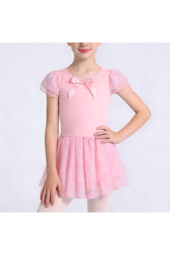 Girls Ballet Leotard, Fashionable Bow Short Sleeve Round Neck Sequined Mesh One Piece Dress Practice Clothes, Suitable for Children Aged 3-12 Years Old, Children's Dance Clothes