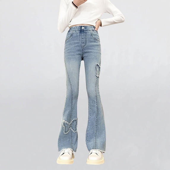 hengsof Girls Butterfly Flare Leg Stretch Jeans, Elastic Waist Bootcut Denim Pants with Pockets, Trendy Casual Jeans for Juniors, Size 5-15 Years