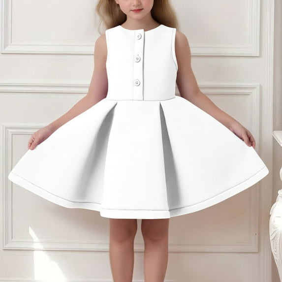 hengsof Girls Button Dress Sleeveless Dress Sweet Bow Pleated Hem Suitable for Wedding Party Summer Round Neck Casual Dress