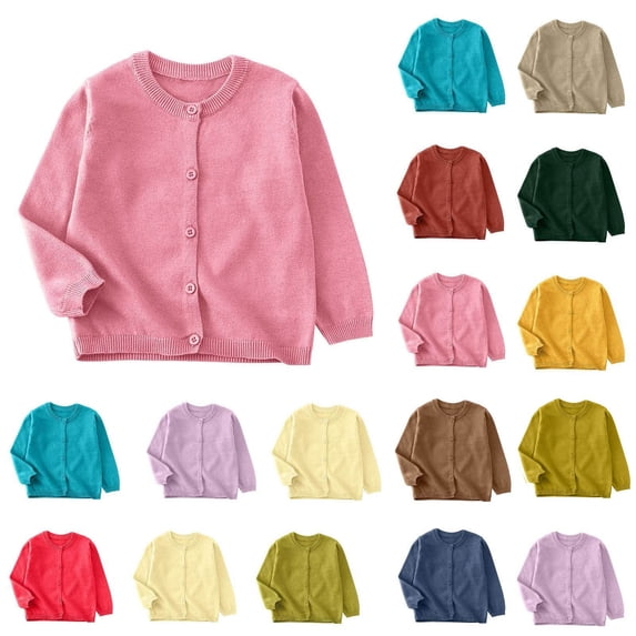 hengsof Girls Button Front Knit Cardigans Kids Fall Crewneck Long Sleeve Sweater Lightweight Cropped Outerwear for 2-10 Years Old