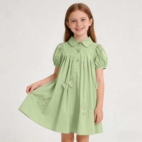 hengsof Girls Button Short Sleeve Turn Down Collar Dress Fashion Bow Rhinestone Princess Dress Backless Bow Summer Dress for Kids 4-16 Years