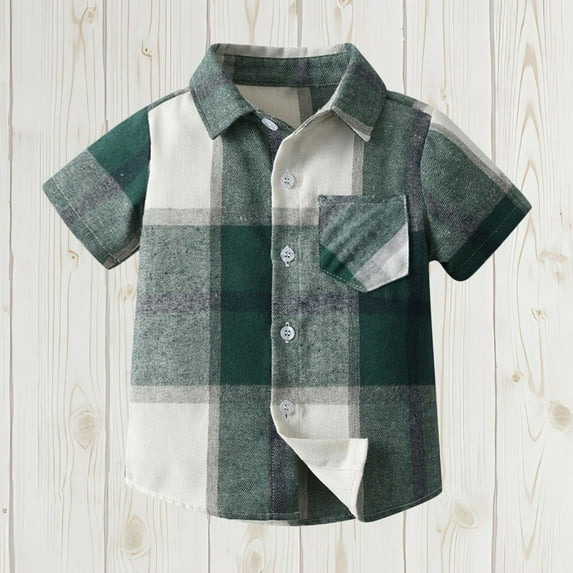 hengsof Girls Button Up Fashion Plaid Shirt Children Casual Short Sleeve Lapel Cotton Top Fashionable Pocket Casual Shirt