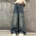 thumbnail image 1 of hengsof Girls Cargo Pocket Denim Jeans Straight Leg Relaxed Fit Wide Leg Pants Spring Fall Casual Jeans for 5-15 Years Old, 1 of 3