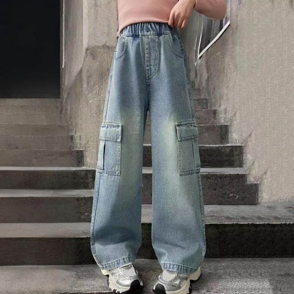 hengsof Girls Cargo Pocket Denim Jeans Straight Leg Relaxed Fit Wide Leg Pants Spring Fall Casual Jeans for 5-15 Years Old