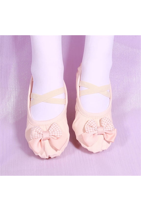 Girls Checkered Pattern Ballet Slippers with Bow, Soft Sole Leather Look Slip On Practice Shoes, Classic Style Dance Footwear for Kids