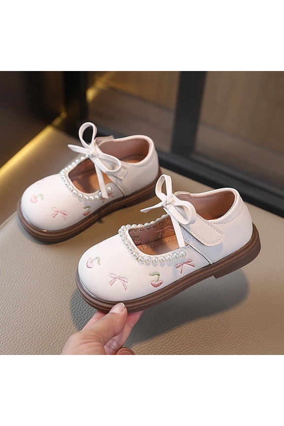 Girls' Cherry Embroidery Pearl Glossy Casual Flat Shoes Cute Comfortable Bow Dress Shoes Stylish Party Princess Shoes